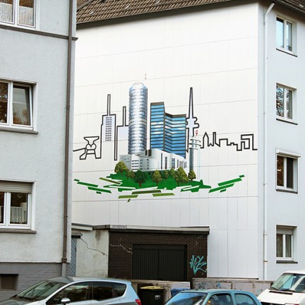 Farbwandel Fassadenkunst Skyline der Stadt Essen