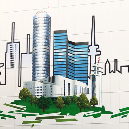 Farbwandel Fassadenkunst Skyline der Stadt Essen
